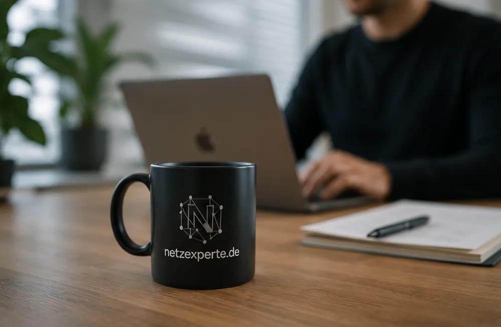 Arbeitsplatz mit aufgeklapptem Laptop, Notizblock und einer Tasse Kaffee