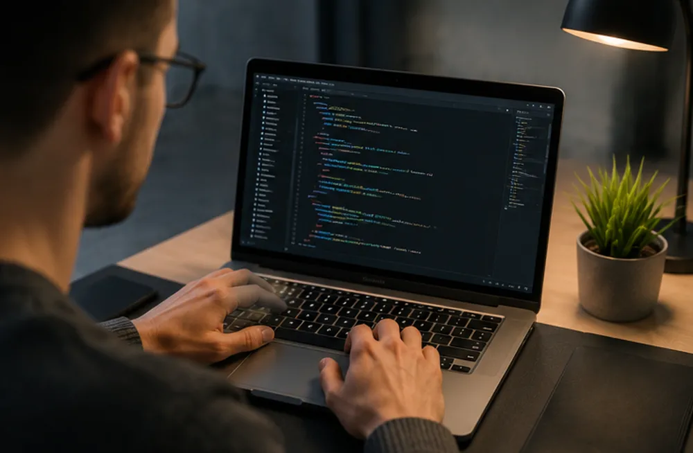 Person mit Brille arbeitet konzentriert an einem Laptop mit geöffnetem Quelltext