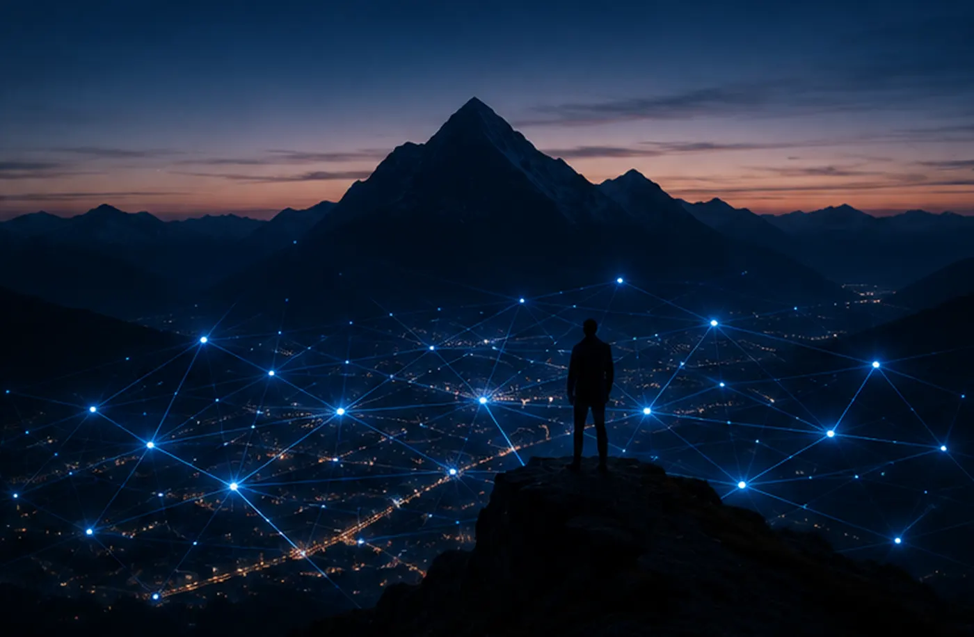Nächtliche Stadt, über die sich ein Netz aus leuchtenden Verbindungen legt