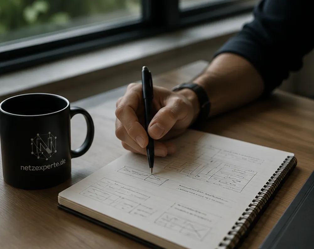 Hand notiert Stichworte in ein Notizbuch neben einer Tasse
