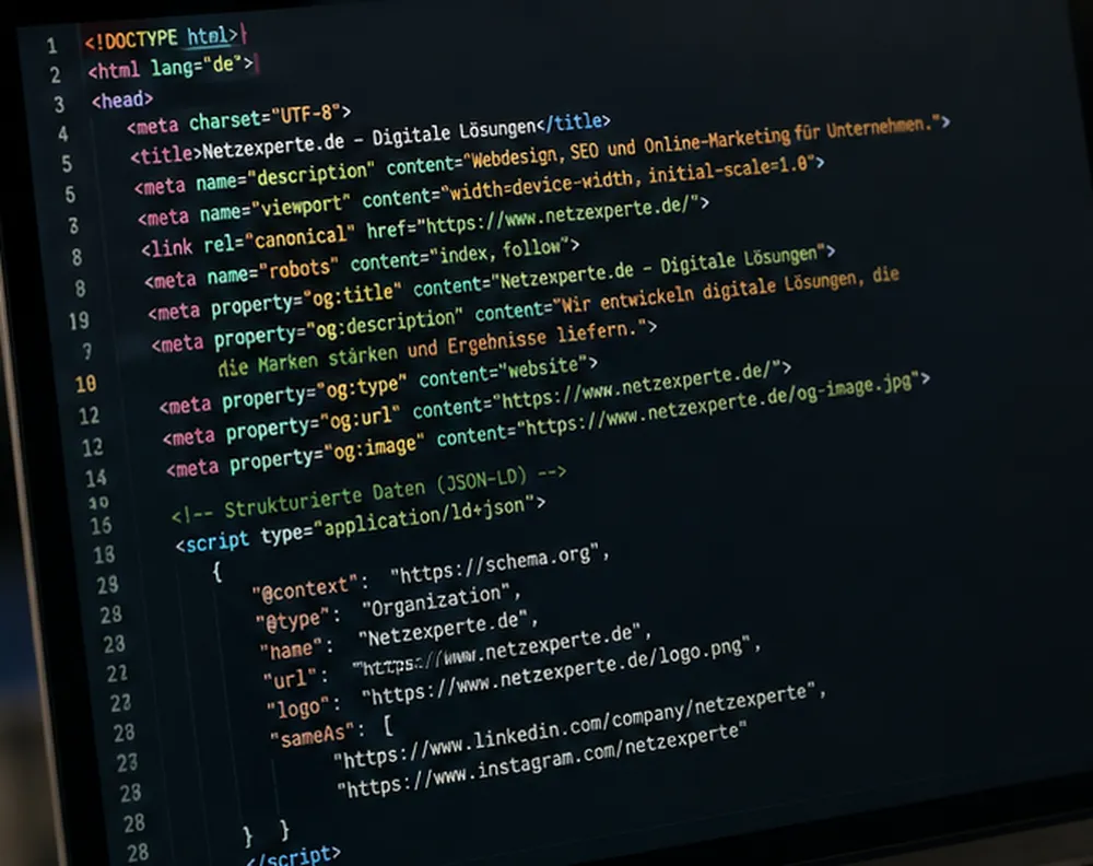 Bildschirm mit dem Quelltext einer Website, in dem Titel, Beschreibung und strukturierte Daten zu sehen sind