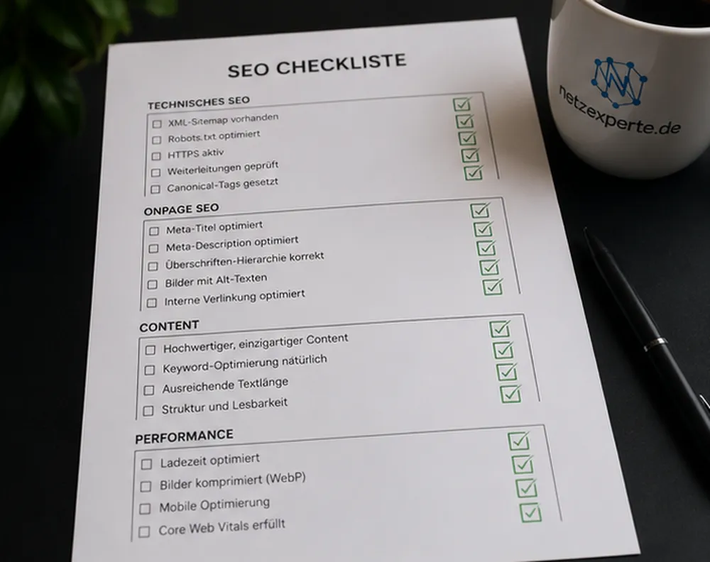 Ausgedruckte SEO-Checkliste mit abgehakten Punkten neben einer Tasse
