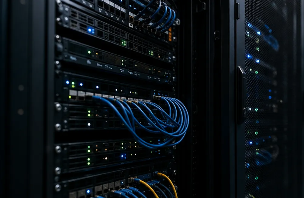 Sauber verlegte Netzwerkverkabelung in einem Serverschrank