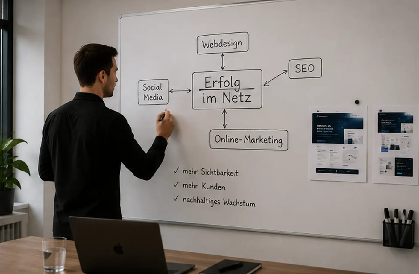 Person zeichnet an einem Whiteboard ein Schaubild mit Webdesign, SEO, Social Media und Online-Marketing