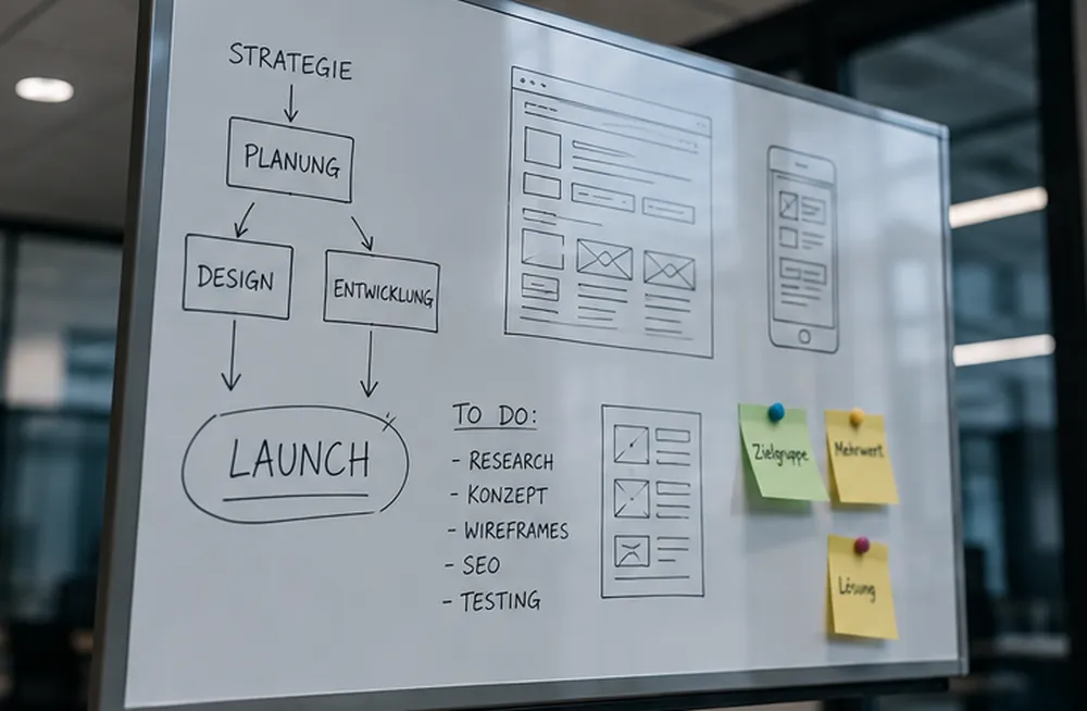 Whiteboard mit dem skizzierten Ablauf von der Strategie bis zum Start