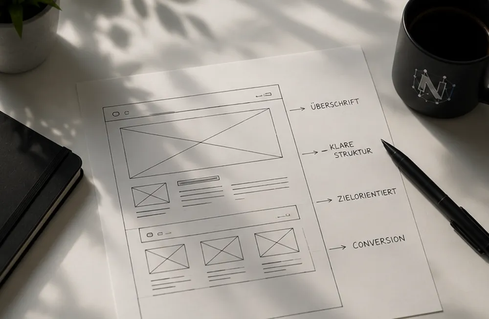 Ausgedruckter Seitenentwurf mit handschriftlichen Notizen zu Struktur und Conversion