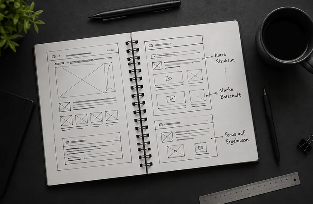 Notizbuch mit handgezeichneten Wireframes einer Website